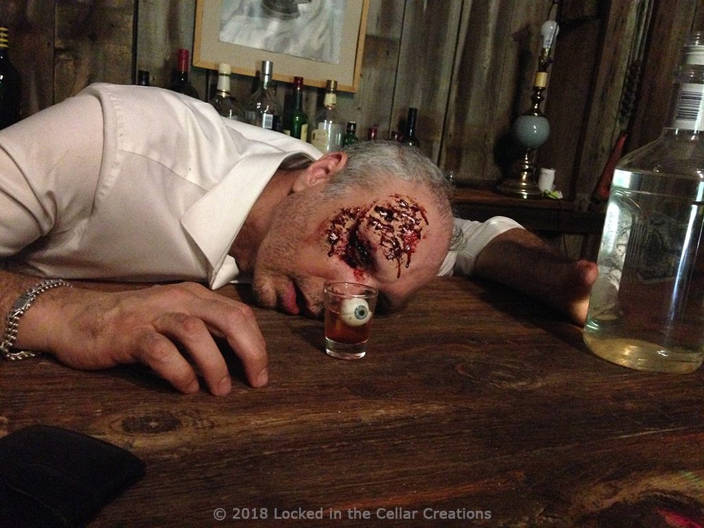 SFX make-up on Producer Chris with eyeball in shot glass